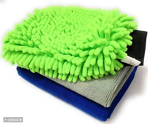 Best Quality Microfiber Cleaning Cloths For Car and Bike 3 In 1 Combo (2 Large Microfibre Cloth and 1 Big Size Microfiber Mitt Glove - Color Can Be Different)-thumb0