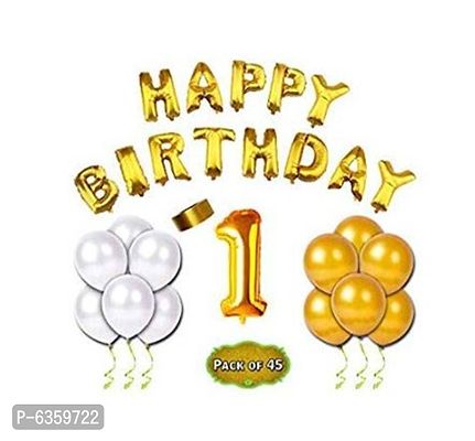 (Pack of 45 Pcs) Combo Theme 1st Birthday Decoration Kit | Combo of Happy Birthday Foil Balloon + 1 Number Foil Balloon+ Metallic Balloons + Ribbon | First Birthday Celebration Combo-thumb0