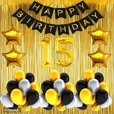(Pack of 38pcs) No.15 Gold Foil Balloons with Happy Birthday Decoration Items or Kit Black Banner with Metallic Gold , Silver and  Black Balloons for Decoration + Gold Star shape Foil Balloons-thumb0