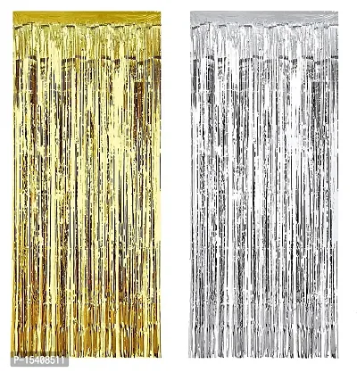 Days OFF Foil Fringe Curtain for Birthday, Baby Shower, Anniversary Decoration, Home Decor Party Supplies (4ft x 7ft Pack of 2, 1x Matt Gold 1x Matt Silver)-thumb0