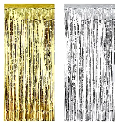 Days OFF Foil Fringe Curtain for Birthday, Baby Shower, Anniversary Decoration, Home Decor Party Supplies (4ft x 7ft Pack of 2, 1x Matt Gold 1x Matt Silver)