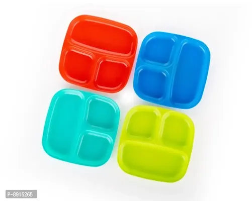 3 Partition Unbreakable Food Plates, Kids Plates, Sectioned Plates, Bhaji Plates (Pack of 4, Microwave Safe)-thumb0