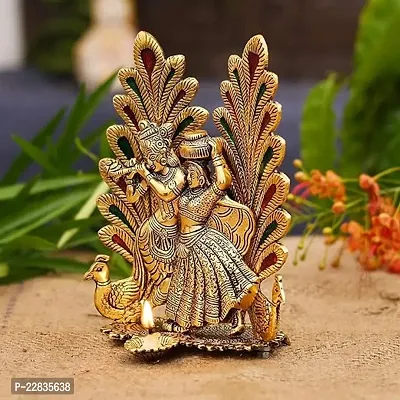 Livsaucy Peacock Design Radha Krishna Idol Showpiece With Diya For Puja -8 X 6 Inches, Metal, Golden -1 Piece-thumb0