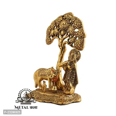 Metal Kala Metal Krishna with Cow Standing Under Tree Plying Flute Decorative Showpiece - 17 cm Gold-thumb3