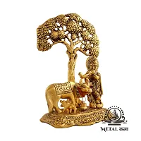 Metal Kala Metal Krishna with Cow Standing Under Tree Plying Flute Decorative Showpiece - 17 cm Gold-thumb3