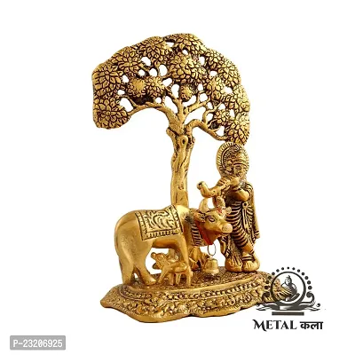 Metal Kala Metal Krishna with Cow Standing Under Tree Plying Flute Decorative Showpiece - 17 cm Gold-thumb4