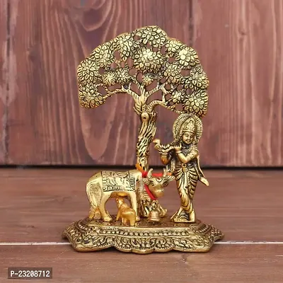 Senegal Krishna with Cow Standing Under Tree Plying Flute Decorative Showpiece - 17 cm (Aluminium, Gold)-thumb0