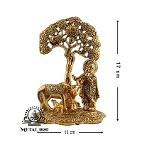 Metal Kala Metal Krishna with Cow Standing Under Tree Plying Flute Decorative Showpiece - 17 cm Gold-thumb1