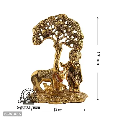 Metal Kala Metal Krishna with Cow Standing Under Tree Plying Flute Decorative Showpiece - 17 cm Gold-thumb2