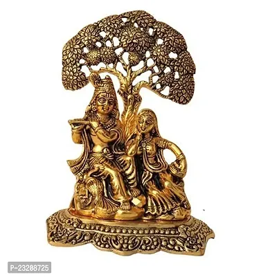 Radhika Items Oxidized Metal Radha Krishna Sitting Under Tree Idol Showpiece for Pooja | Figurine | Sculpture (Gold, 12X8X17 cm)-thumb0