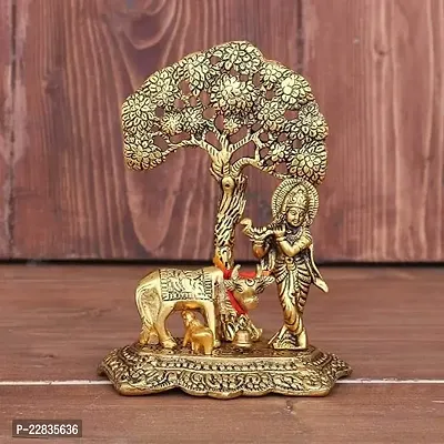 Senegal Krishna With Cow Brass Finish Showpiece Decorative Showpiece- 17 Cm,Metal, Golden-thumb0