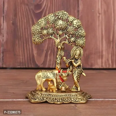 VAC International's Metal Krishna with Cow Standing Under Tree Playing Flute Religious Idol for Home D?cor and Gifts