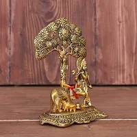 Senegal Krishna with Cow Standing Under Tree Plying Flute Decorative Showpiece - 17 cm (Aluminium, Gold)-thumb1