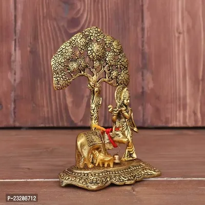 Senegal Krishna with Cow Standing Under Tree Plying Flute Decorative Showpiece - 17 cm (Aluminium, Gold)-thumb2