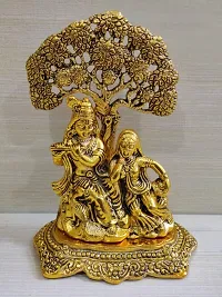 Metal Radhika Items Oxidized Metal Radha Krishna Sitting Under Tree Idol Showpiece for Pooja | Figurine | Sculpture (Gold, 12X8X17 cm)-thumb2