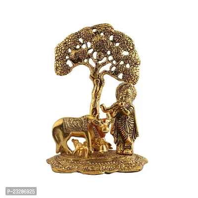 Metal Kala Metal Krishna with Cow Standing Under Tree Plying Flute Decorative Showpiece - 17 cm Gold-thumb0