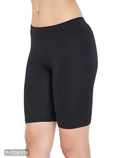 Livsaucy Women's Cotton Mid Waist Cycling Shorts with Inner Elastic - Black-thumb3