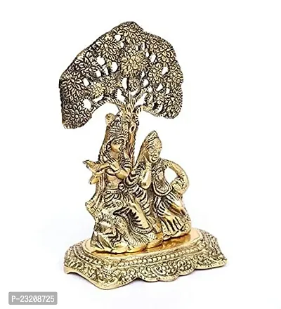 Radhika Items Oxidized Metal Radha Krishna Sitting Under Tree Idol Showpiece for Pooja | Figurine | Sculpture (Gold, 12X8X17 cm)-thumb2