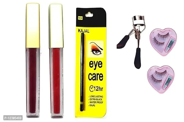 Zhunmun Bridal Combo Of Make Up Sindoor Liquid Sindoor With Kajal (1 Red And 1 Maroon Sindoor And 1 Kajal Waterproof, 2 pair False Eyelashes and eyelash Curler)