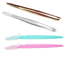 Zhunmun Combo of Tweezer Slant Tip Tweezers  Eyebrow Plucker for Upper Lip, Eyebrows  Blackhead and Eyebrow Facial Hair Remover Razor (Combo Of 2 tweezers  2 eyebrow razors)-thumb1