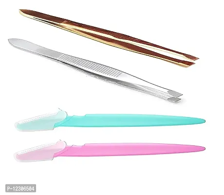 Zhunmun Combo of Tweezer Slant Tip Tweezers  Eyebrow Plucker for Upper Lip, Eyebrows  Blackhead and Eyebrow Facial Hair Remover Razor (Combo Of 2 tweezers  2 eyebrow razors)-thumb2