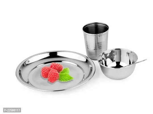 Amzgear Stainless Steel Thali for Kanjak | Steel Plate Bartan Set| Kanjak Navratri Gifts for Girls Contains Pack of 4 Kitchen Utensils Plate, Bowl, Glass and Spoon (Silver, 1 Set of 4 Bartan)-thumb0