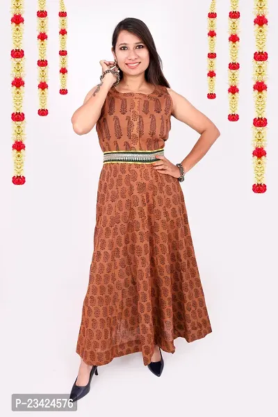 Weavers Saga Bagh Print Pure Cotton Festive Wear Long Dress With Belt (Brown)-thumb0