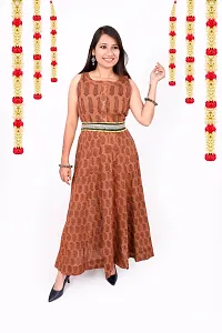 Weavers Saga Bagh Print Pure Cotton Festive Wear Long Dress With Belt (Brown)-thumb3