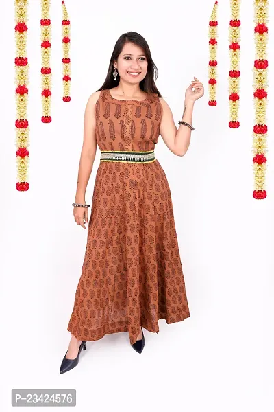 Weavers Saga Bagh Print Pure Cotton Festive Wear Long Dress With Belt (Brown)-thumb4