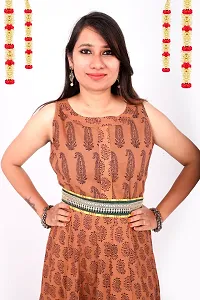 Weavers Saga Bagh Print Pure Cotton Festive Wear Long Dress With Belt (Brown)-thumb1