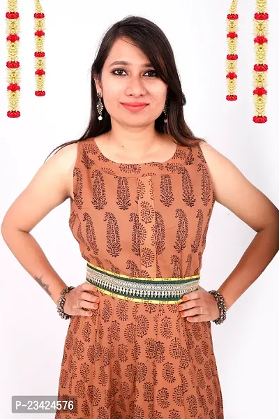 Weavers Saga Bagh Print Pure Cotton Festive Wear Long Dress With Belt (Brown)-thumb2