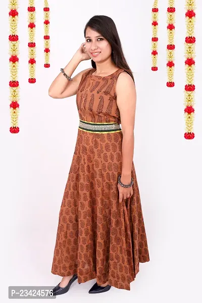 Weavers Saga Bagh Print Pure Cotton Festive Wear Long Dress With Belt (Brown)-thumb3