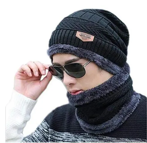 Unisex Woolen Cap with Neck Muffler/Neckwarmer Set of 2 Free Size