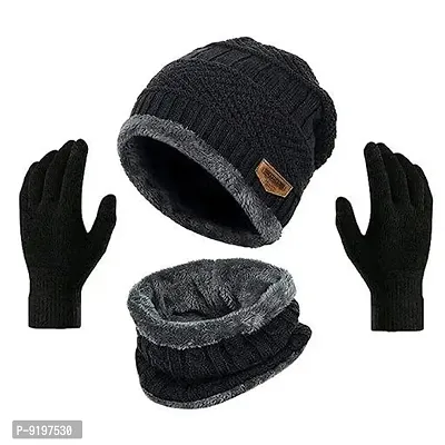 Classy Woolen Beanie Cap with Neck Warmer for Unisex with Gloves-thumb0