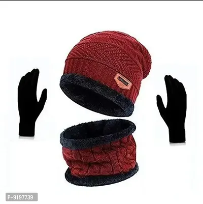 Classy Woolen Beanie Cap with Neck Warmer for Unisex with Gloves