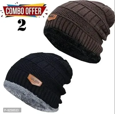 Unisex Snow Proof Inside Fur Wool Cap Blue and Brown