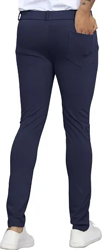 Stylish Navy Blue Lycra Blend Solid Trousers For Men-thumb1