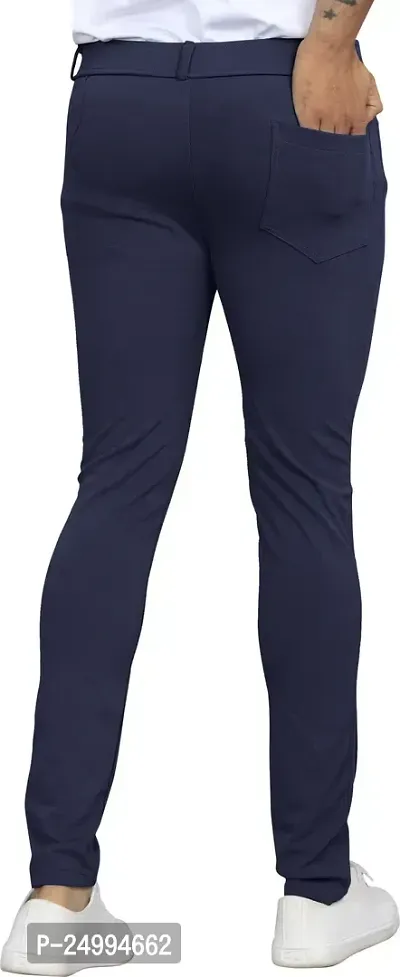 Stylish Navy Blue Lycra Blend Solid Trousers For Men-thumb2