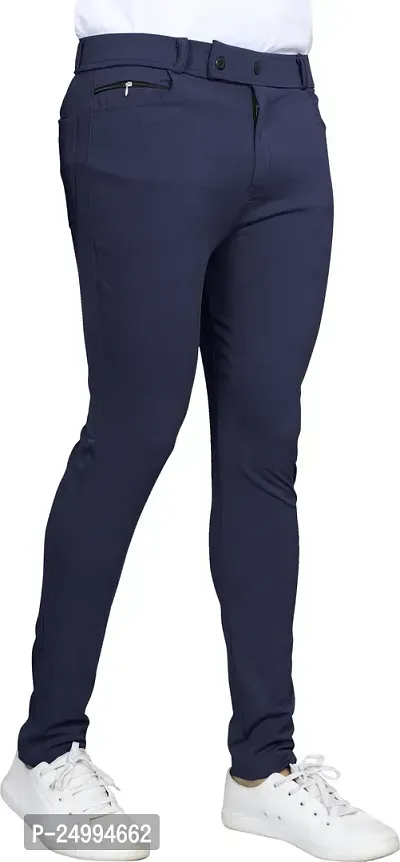 Stylish Navy Blue Lycra Blend Solid Trousers For Men-thumb0