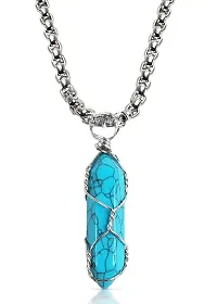 Utkarsh Unisex Blue Plated Natural Stone Healing Glass Life Of Wire Wrapped Teardrop Crystal Hexagonal Point Prism Pencil Shape Locket Pendant Necklace With Box Chain-thumb3