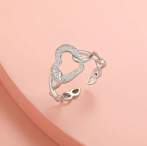 Utkarsh Silver Color JAR0564 Valentine's Day Special Stainless Steel Adjustable/Openable Size Crystal Diamond Nug/Stone Studded Romantic Love Sparkling Big Heart Shape Charming Finger/Knuckle Rings