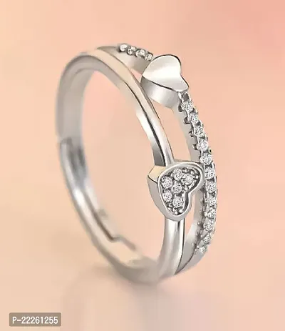 Utkarsh Silver Valentine's Day Stainless Steel Adjustable/Openable Size Crystal Diamond Nug/Stone Studded Romantic Love Sparkling Double Heart Shape Charming Finger/Knuckle Rings For Girl's  Women's
