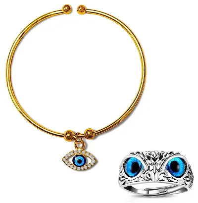 Uniqon Combo Of CMB8054 Diamond Nug Stone Beads Moti Evil Eye Nazar Suraksha Kavach Wrist Band Cuff Kada Bangle Bracelet Crystal Glasses Demon Eyes Ullu/Owl Bird Face Finger Thumb Ring