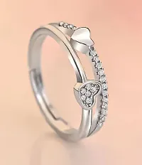 Utkarsh Silver Color Stainless Steel Valentine's Day Adjustable/Openable Size Crystal Diamond Nug/Stone Studded Love Sparkling Double Heart Shape Charming Finger/Knuckle Rings For Girl's  Women's-thumb3