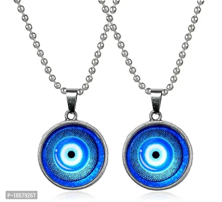 Utkarsh (Pack Of 2 Pcs) Unisex Stainless Steel Valentine's Day Special Blue Evil Eye Nazar Suraksha Kavach Locket Pendant Necklace With Ball Chain-thumb0