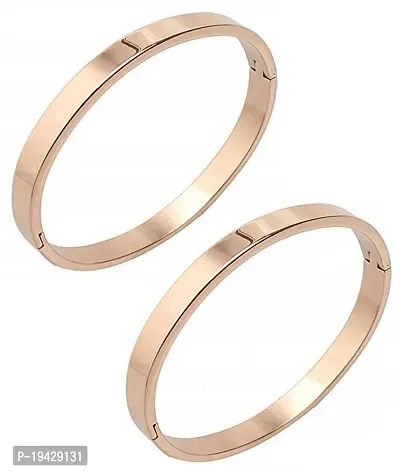 Utkarsh (Set Of 2 Pcs)  Rose Gold Color 6cm Diameter Unisex Stylish Valentine's Day Special Stainless Steel Plain Openable Lock Friendship Hand Cuff Wrist Kada Bangle Couple Bracelet-thumb0