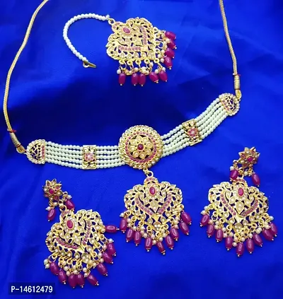 SVOJAS Traditional Style Gold Plated Rajputi Rajasthani Bridal Dulhan Jewellery for Women Latest Rajwadi Floral Kundan AAD Choker, Earring, Wedding Set-thumb0