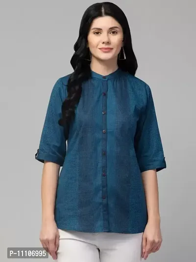Elegant Blue Self Design Cotton Short Kurta For Women-thumb0