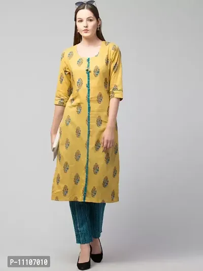 Elegant Yellow Printed Cotton Kurta with Pant Set For Women