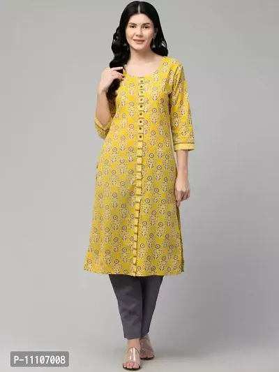 Elegant Yellow Printed Cotton Kurta with Pant Set For Women